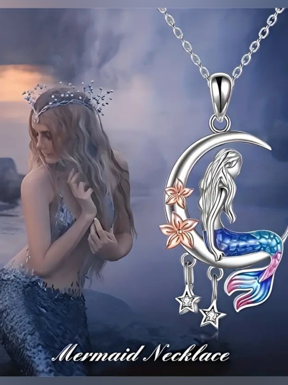 Anthropologie Silver Crescent Mermaid Necklace with Blue and Pink Tail